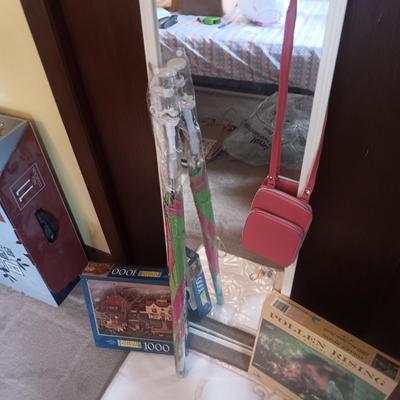 FULL LENGTH MIRROR, PUZZLES, PURSE, LARGE UMBRELLA, NEW TABLECLOTH