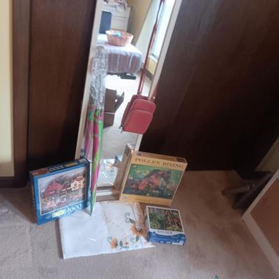 FULL LENGTH MIRROR, PUZZLES, PURSE, LARGE UMBRELLA, NEW TABLECLOTH