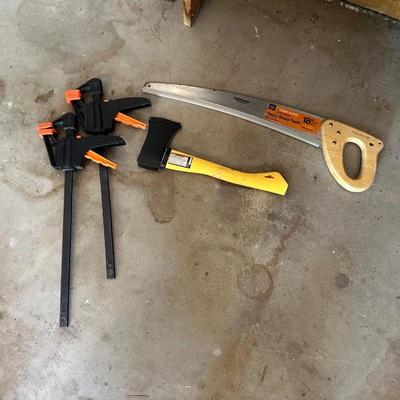 FISKARS 18" HAND SAW, CLAMPS AND A HATCHET
