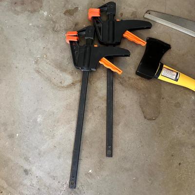 FISKARS 18" HAND SAW, CLAMPS AND A HATCHET