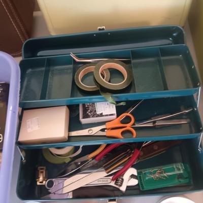 METAL TACKLE BOX, HAND TOOLS, PAINT BRUSHES AND MORE
