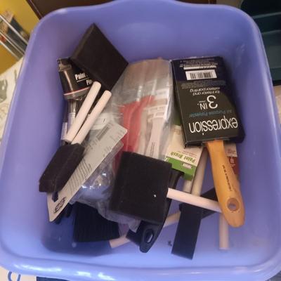 METAL TACKLE BOX, HAND TOOLS, PAINT BRUSHES AND MORE