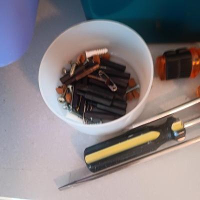 METAL TACKLE BOX, HAND TOOLS, PAINT BRUSHES AND MORE
