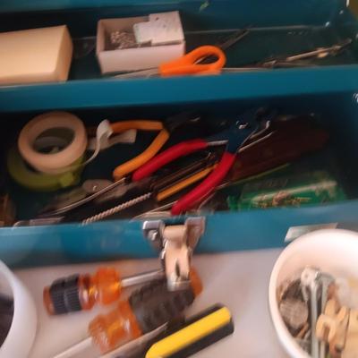 METAL TACKLE BOX, HAND TOOLS, PAINT BRUSHES AND MORE