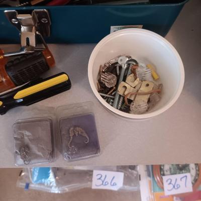 METAL TACKLE BOX, HAND TOOLS, PAINT BRUSHES AND MORE