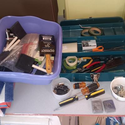 METAL TACKLE BOX, HAND TOOLS, PAINT BRUSHES AND MORE