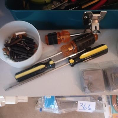 METAL TACKLE BOX, HAND TOOLS, PAINT BRUSHES AND MORE