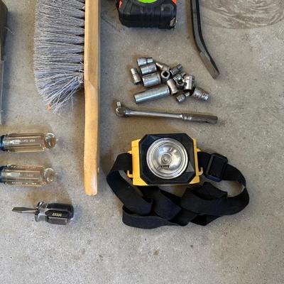 VARIETY OF HAND TOOLS AND A HEAD LIGHT