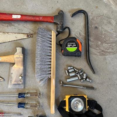VARIETY OF HAND TOOLS AND A HEAD LIGHT