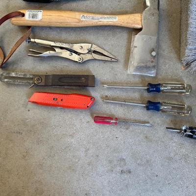 VARIETY OF HAND TOOLS AND A HEAD LIGHT