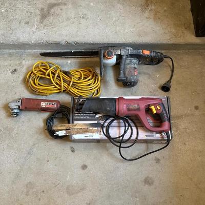 ELECTRIC CHAIN SAW, SAWZ ALL, GRINDER AND EXTENSION CORD