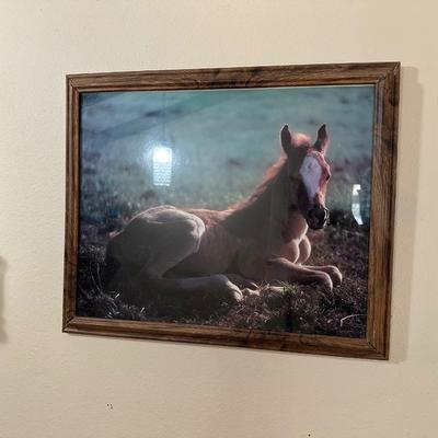 FRAMED HORSE PHOTO, CANDLE WALL SCONCES AND MIRRORS