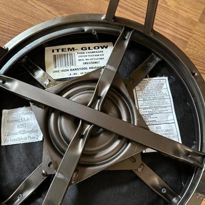 2 IRON SWIVEL BAR STOOLS WITH RAWHIDE CUSHIONED SEATS