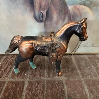 FRAMED HORSE POSTER AND A BRONZE HORSE FIGURE