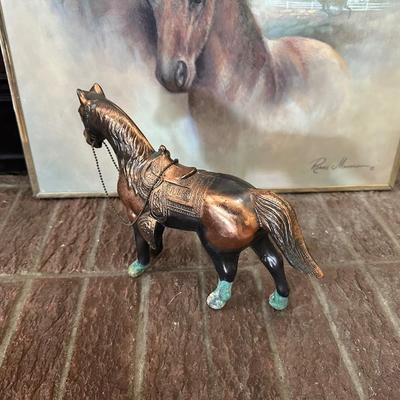 FRAMED HORSE POSTER AND A BRONZE HORSE FIGURE
