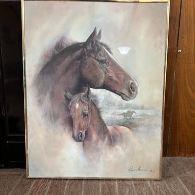 FRAMED HORSE POSTER AND A BRONZE HORSE FIGURE