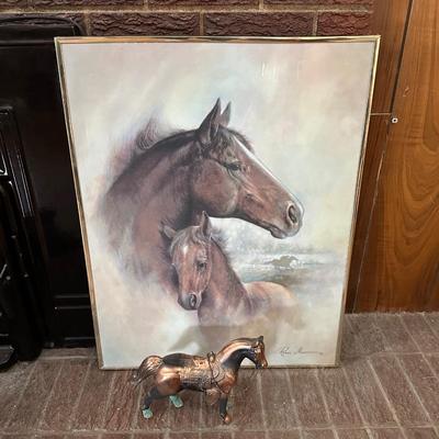 FRAMED HORSE POSTER AND A BRONZE HORSE FIGURE