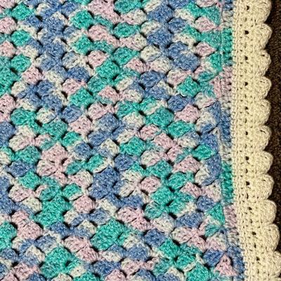Hand Crocheted Baby Blanket or Lap Blanket - blue purple pink, white border