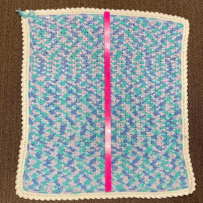 Hand Crocheted Baby Blanket or Lap Blanket - blue purple pink, white border