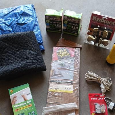WALL SHELF, TARP, SMALL MOVING BLANKET, LIGHT BULBS AND MORE