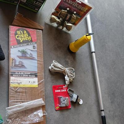 WALL SHELF, TARP, SMALL MOVING BLANKET, LIGHT BULBS AND MORE