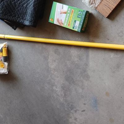 WALL SHELF, TARP, SMALL MOVING BLANKET, LIGHT BULBS AND MORE