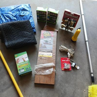 WALL SHELF, TARP, SMALL MOVING BLANKET, LIGHT BULBS AND MORE