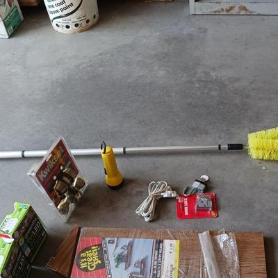 WALL SHELF, TARP, SMALL MOVING BLANKET, LIGHT BULBS AND MORE