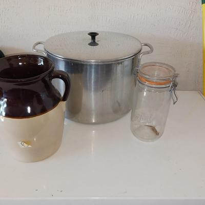 CLAY PITCHER, VINTAGE JAR AND CANNING POT