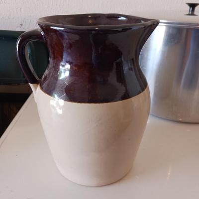 CLAY PITCHER, VINTAGE JAR AND CANNING POT
