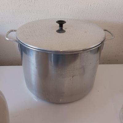 CLAY PITCHER, VINTAGE JAR AND CANNING POT