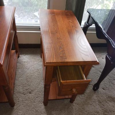 TWO NARROW 2 TIER SIDE TABLES WITH DRAWERS
