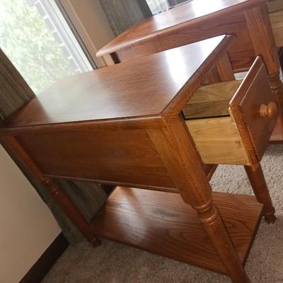 TWO NARROW 2 TIER SIDE TABLES WITH DRAWERS