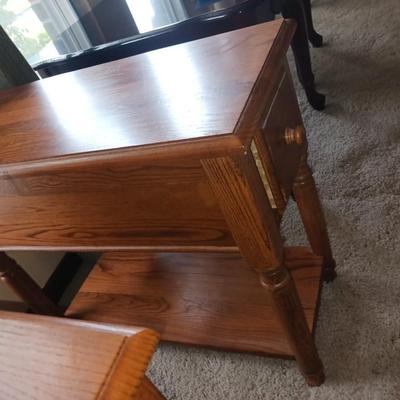 TWO NARROW 2 TIER SIDE TABLES WITH DRAWERS