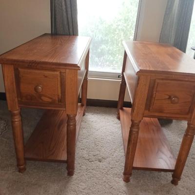 TWO NARROW 2 TIER SIDE TABLES WITH DRAWERS