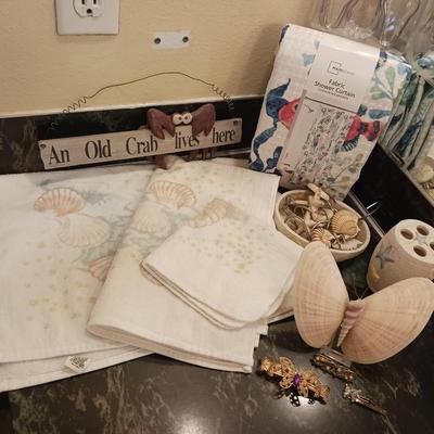NEW SHOWER CURTAIN, SEA SHELLS, TOWEL SET AND MORE