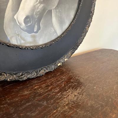 WRITING DESK WITH SIDE SHELVES AND A VINTAGE HORSE PICTURE