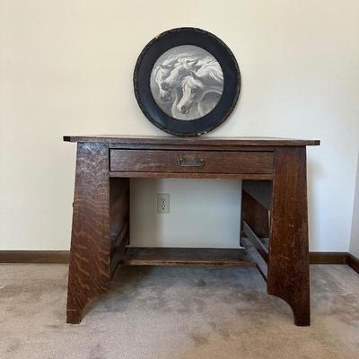 WRITING DESK WITH SIDE SHELVES AND A VINTAGE HORSE PICTURE