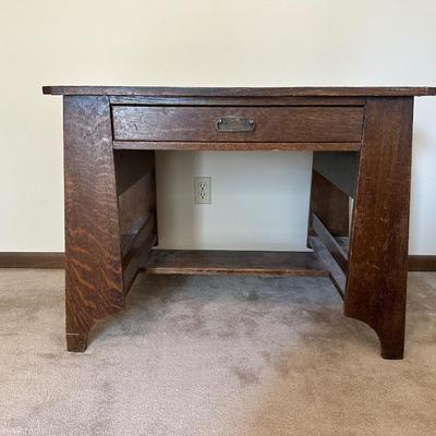 WRITING DESK WITH SIDE SHELVES AND A VINTAGE HORSE PICTURE