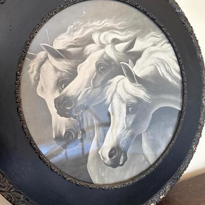 WRITING DESK WITH SIDE SHELVES AND A VINTAGE HORSE PICTURE
