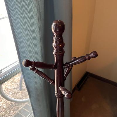 COAT RACK, 2 TIER SIDE TABLE AND 2 PICTURES