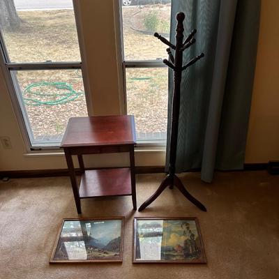 COAT RACK, 2 TIER SIDE TABLE AND 2 PICTURES