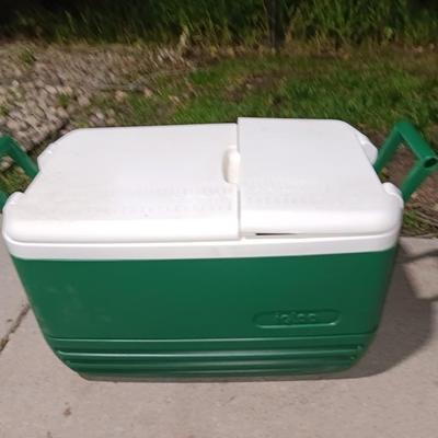 Green Igloo cooler with black umbrella