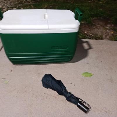 Green Igloo cooler with black umbrella