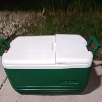 Green Igloo cooler with black umbrella