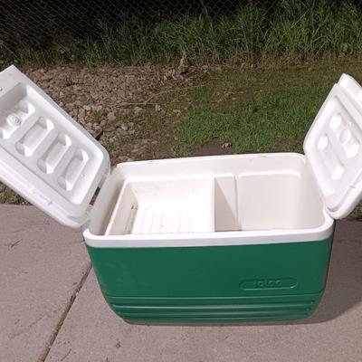 Green Igloo cooler with black umbrella