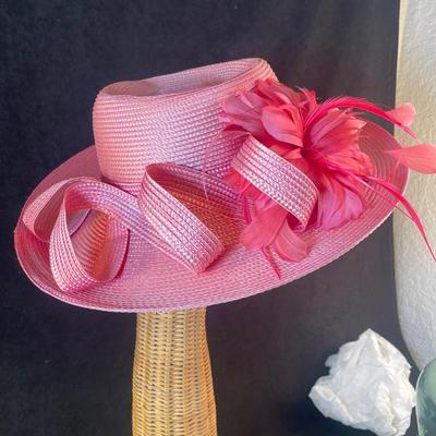 Pink Wide Brim Hat with Feather Bow