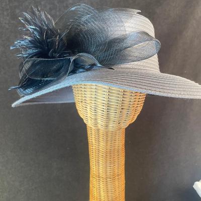 Gray Wide Brim Hat with Feather Bow