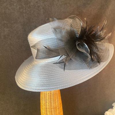Gray Wide Brim Hat with Feather Bow