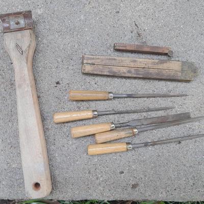 Grouping of wooden handled wood working tools - files - antique folding rulers and more